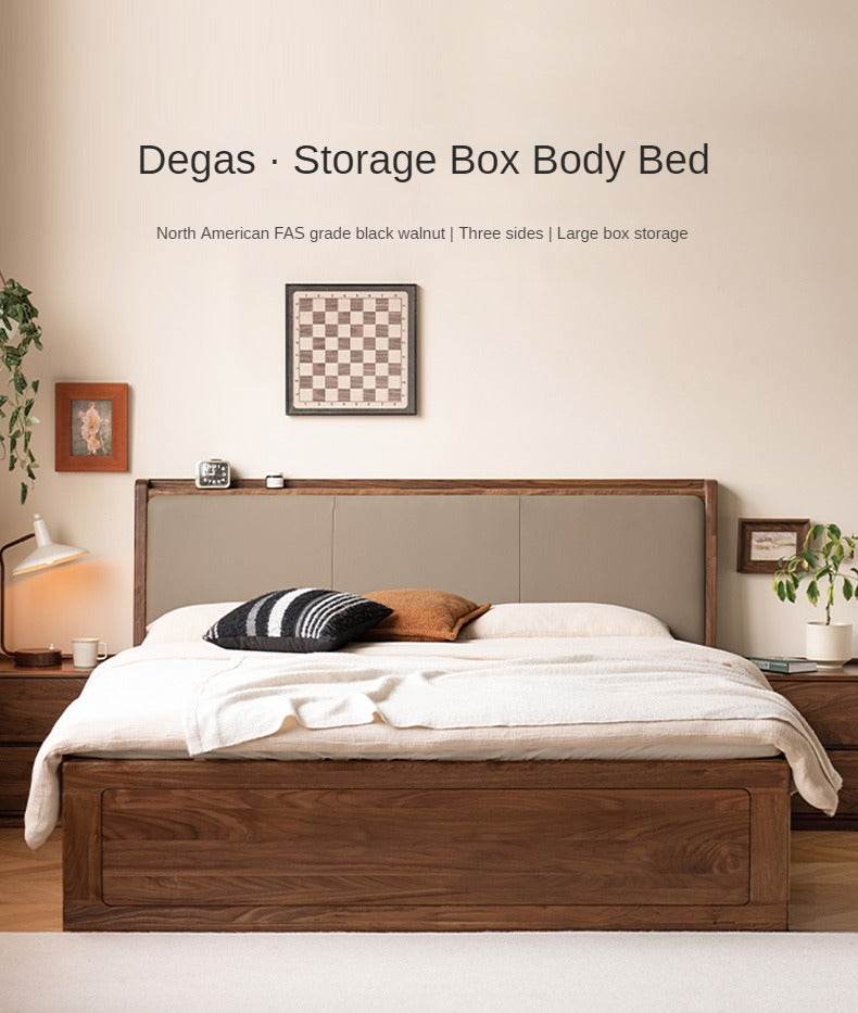 Black Walnut Solid Wood leather soft Drawer Box Bed Nordic