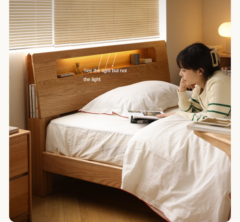 Oak, Beech Solid Wood With Light And Bookshelf Bed