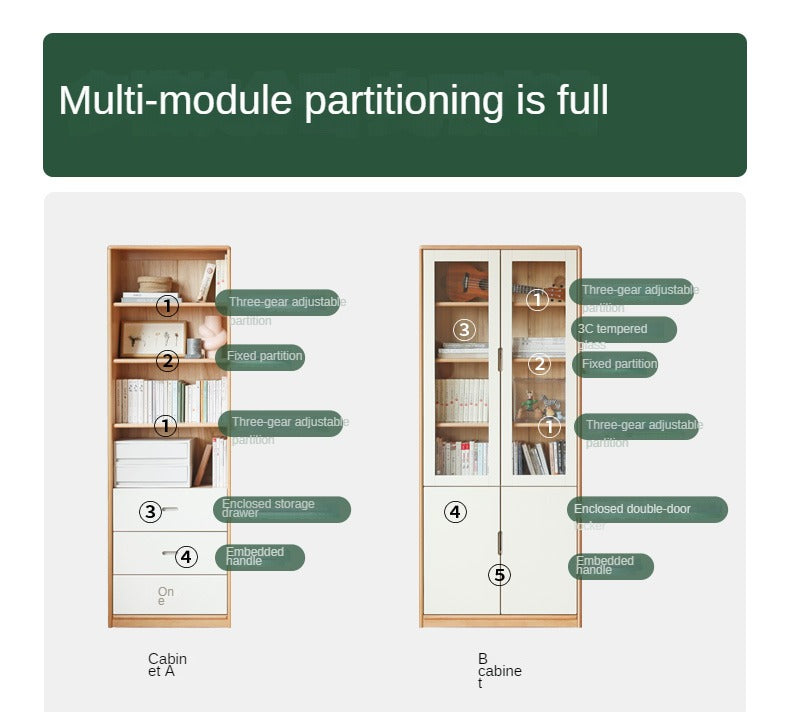 European Beech, Oak Solid Wood Floor-Standing Bookshelf with Glass Door Display