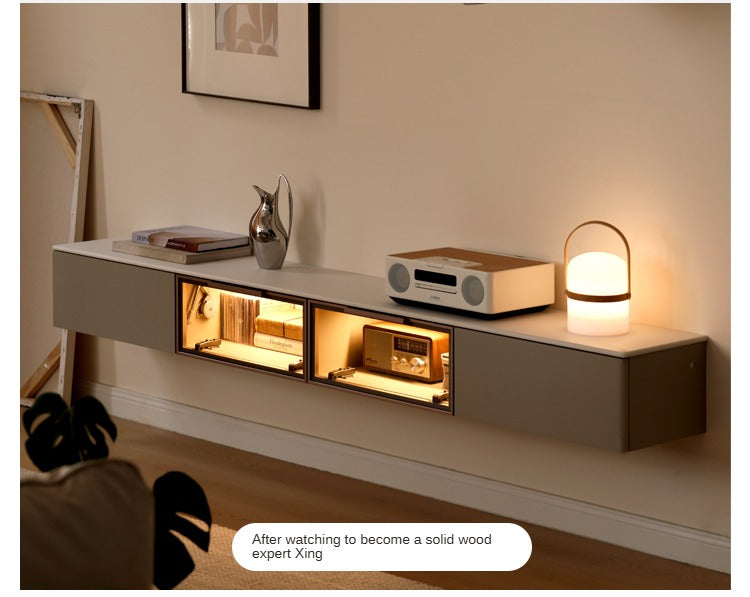 Poplar Solid Wood Wall Mounted TV Cabinet with Light.