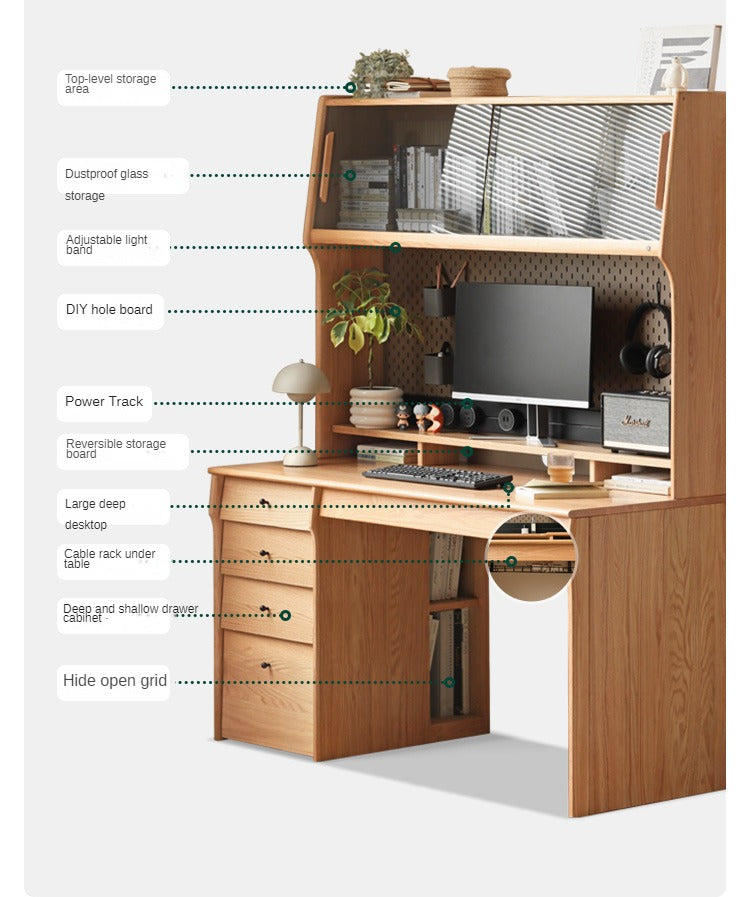 Oak, Cherry Solid Wood Desk Bookshelf Integrated Warm Light