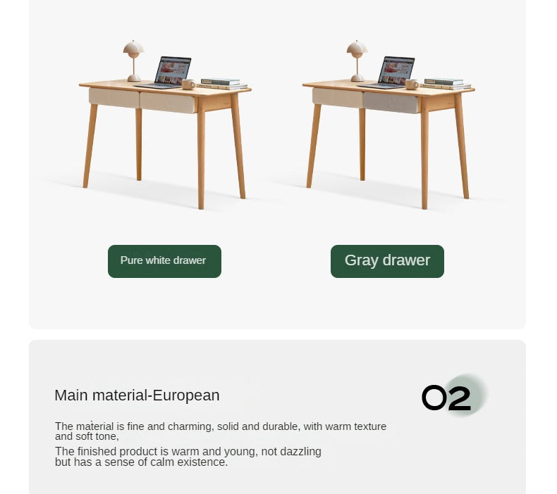 Beech Solid Wood Office Desk with 2 Drawers