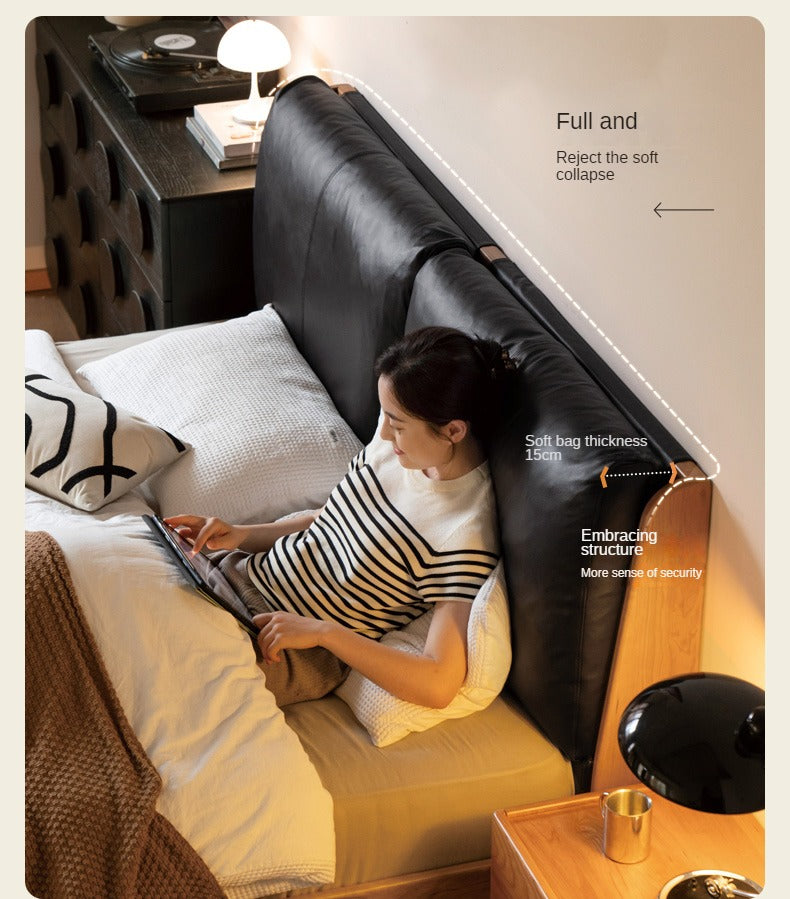 Cherry solid wood leather soft suspended bed