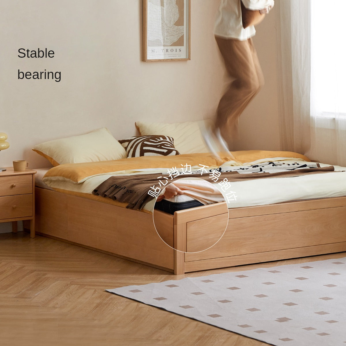 European Beech solid wood platform bed, headboard-free bed with drawer box bed.