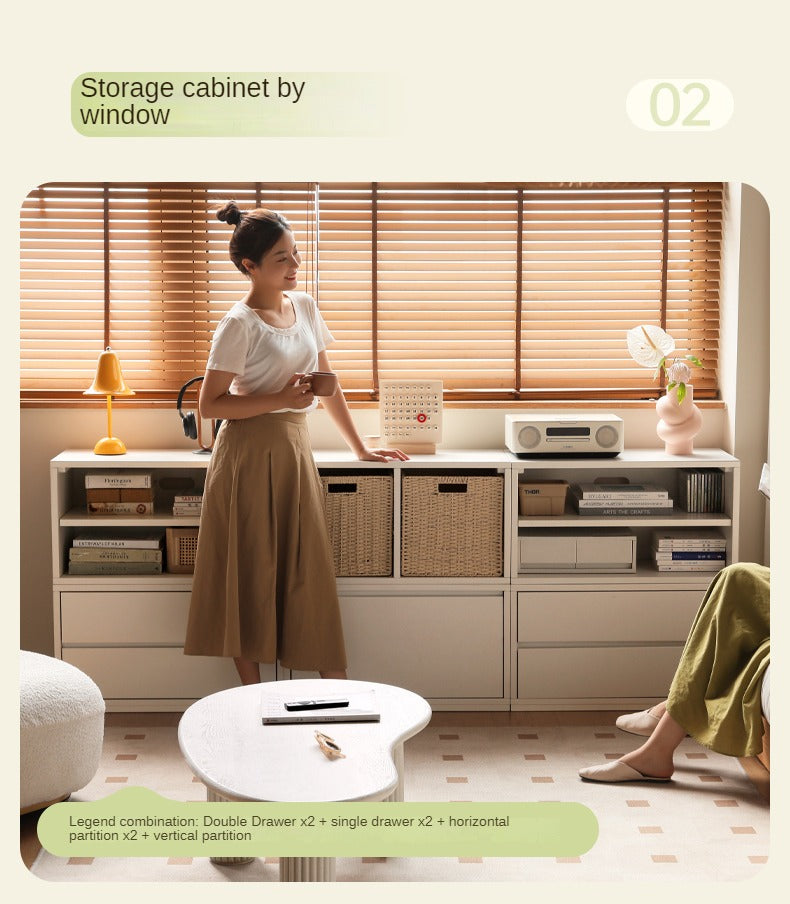 Poplar Solid Wood TV Cabinet Floor Cabinet Cream Style,