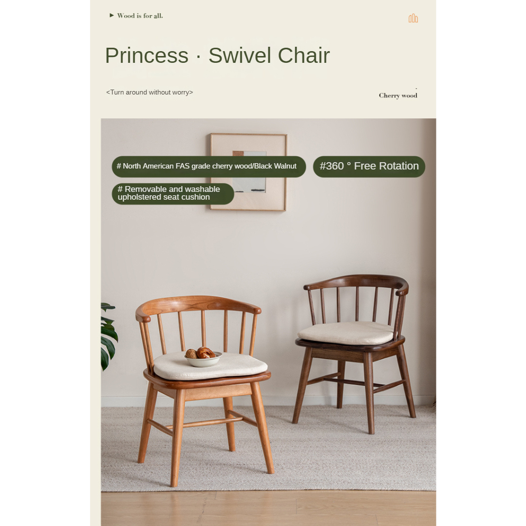 Black Walnut, Oak, Cherry Color Solid Wood Rotating Chair