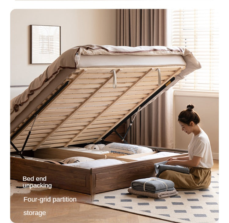 Black walnut solid wood storage box bed technology cloth soft back