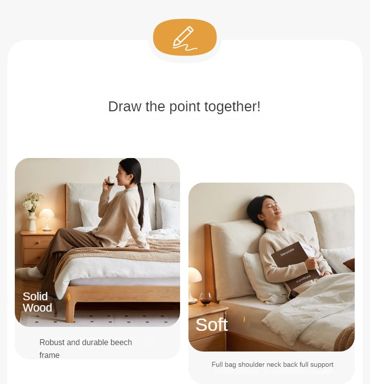 European Beech Solid Wood Soft Back Fabric Bed