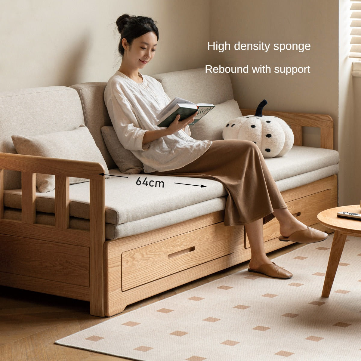 Oak Solid Wood Sofa Bed Folding Retractable Storage.