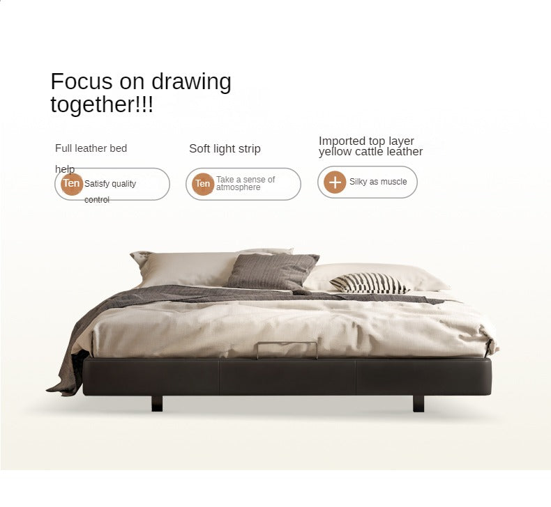 Leather platform bed, headboard-free floating bed cream style