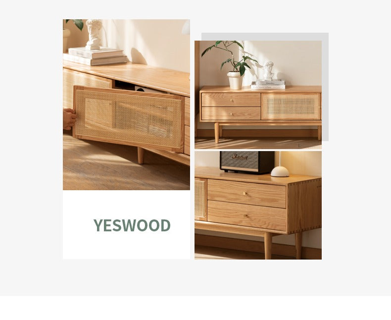 Oak Solid Wood Rattan TV Cabinet