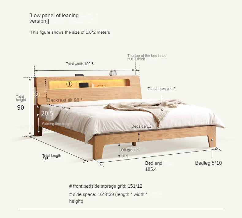 Oak, Beech Solid Wood With Light And Bookshelf Bed