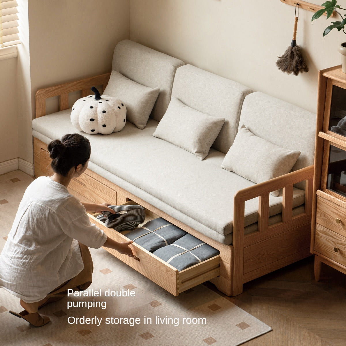 Oak Solid Wood Sofa Bed Folding Retractable Storage.