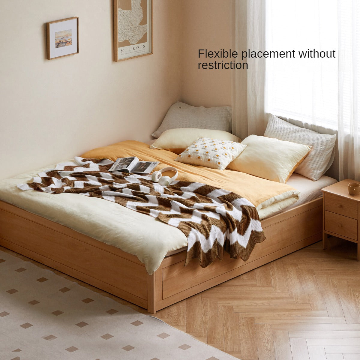 European Beech solid wood platform bed, headboard-free bed with drawer box bed.