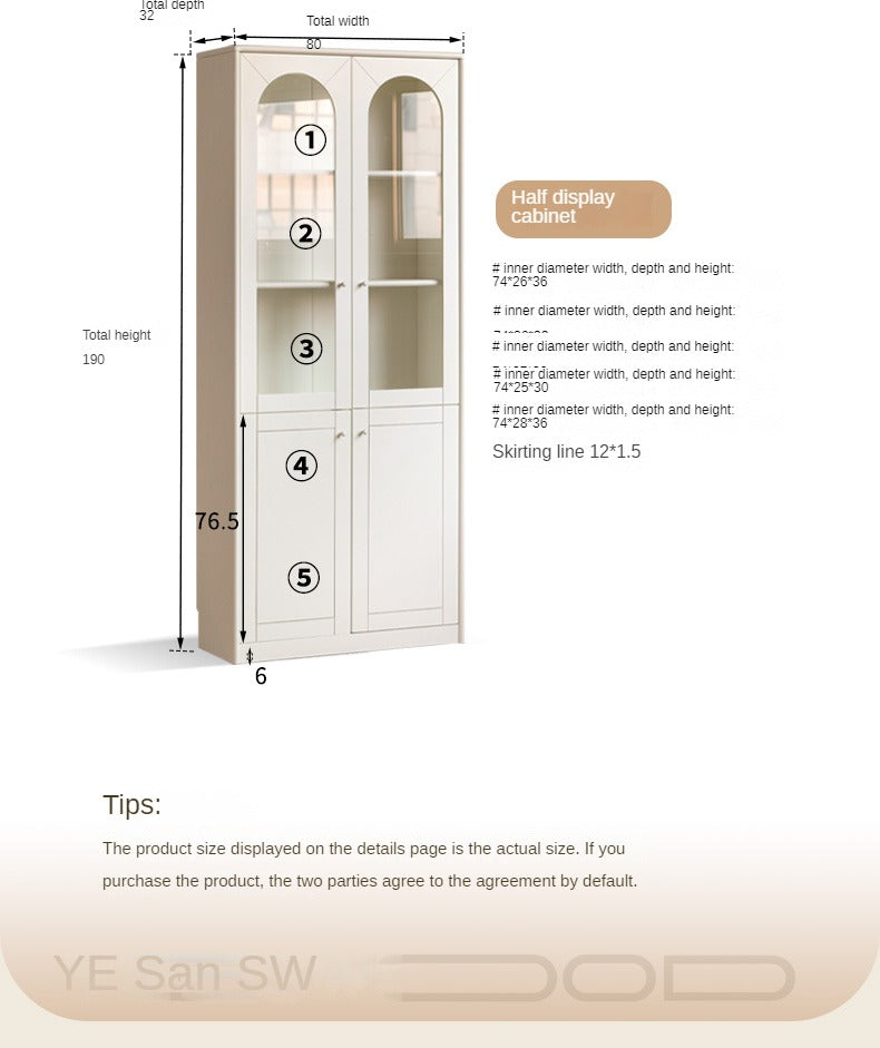 Poplar Solid Wood Bookcase White With Glass Door Whole Wall Combination French Cream Style
