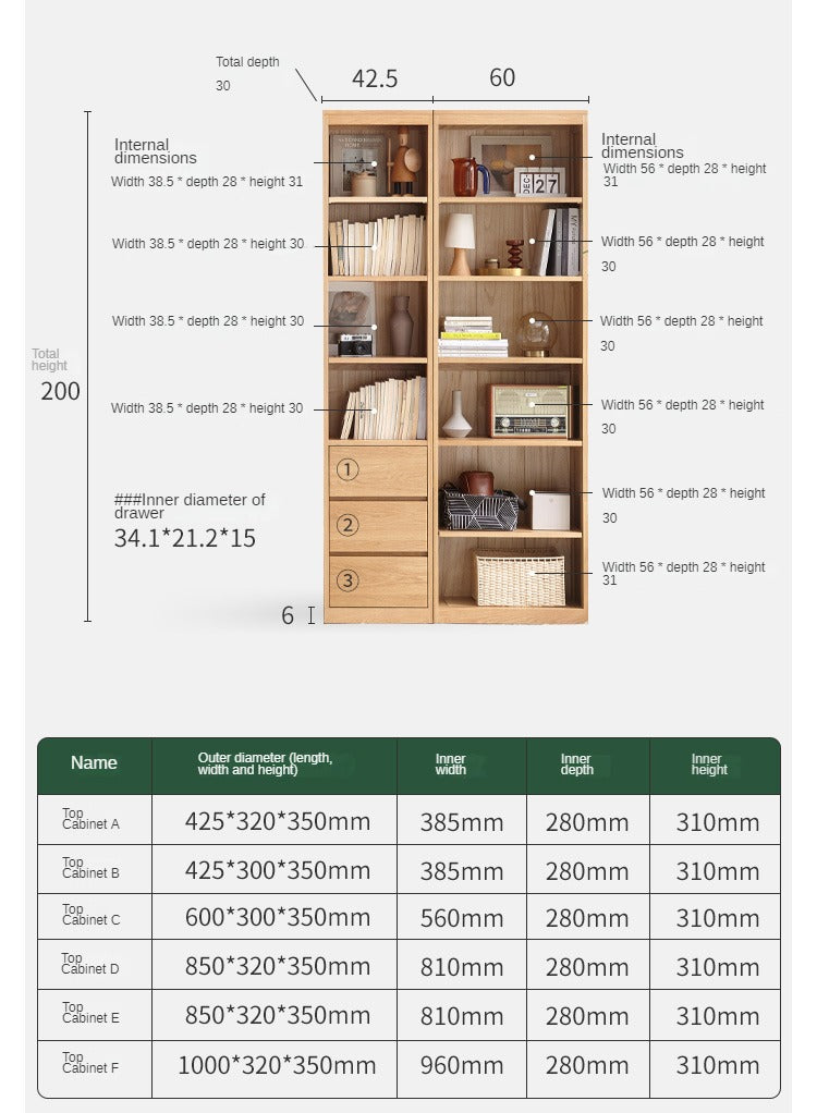 Oak, Solid Rubberwood Modern Bookcase Storage