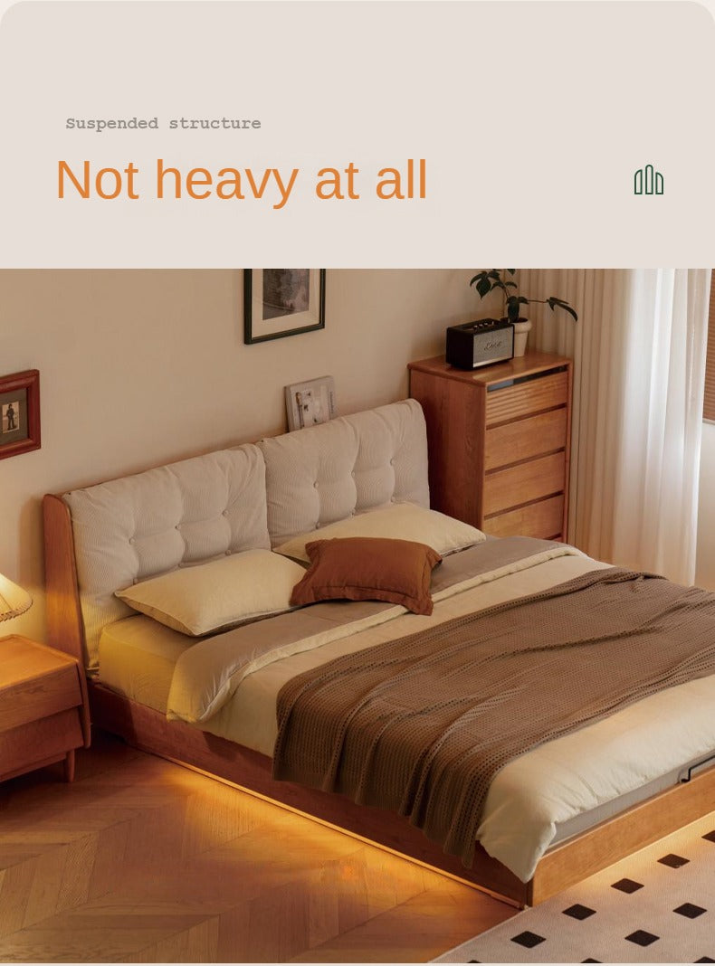 Cherry Solid Wood Box Bed Top Genuine Leather, Corduroy Suspended Bed