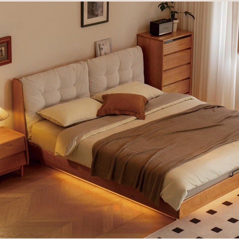 Cherry Solid Wood Box Bed Top Genuine Leather, Corduroy Suspended Bed