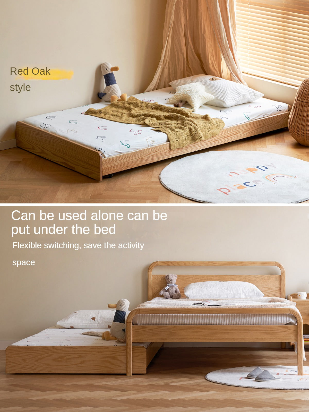 Oak, Beech solid wood floor bed with pulley toddler bed<