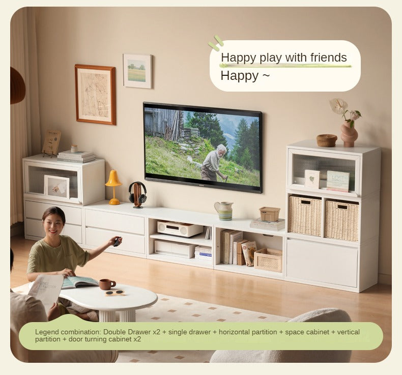 Poplar Solid Wood TV Cabinet Floor Cabinet Cream Style,