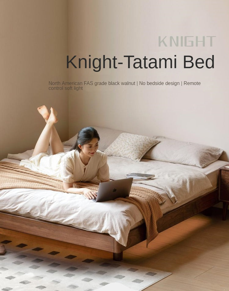 Black walnut solid wood platform bed, headboard-free suspended bed