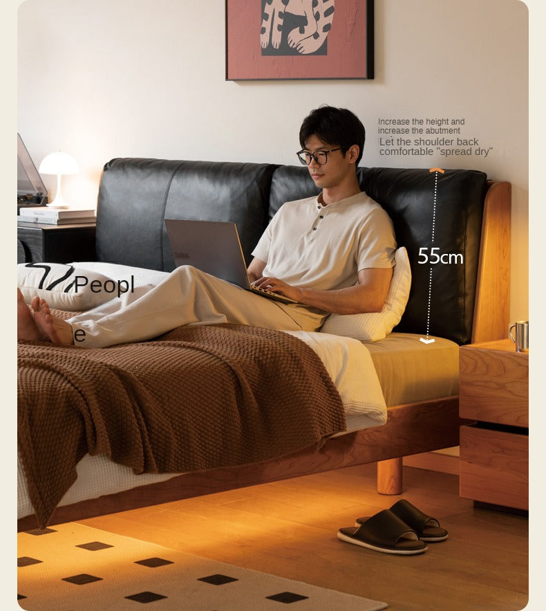 Cherry solid wood leather soft suspended bed