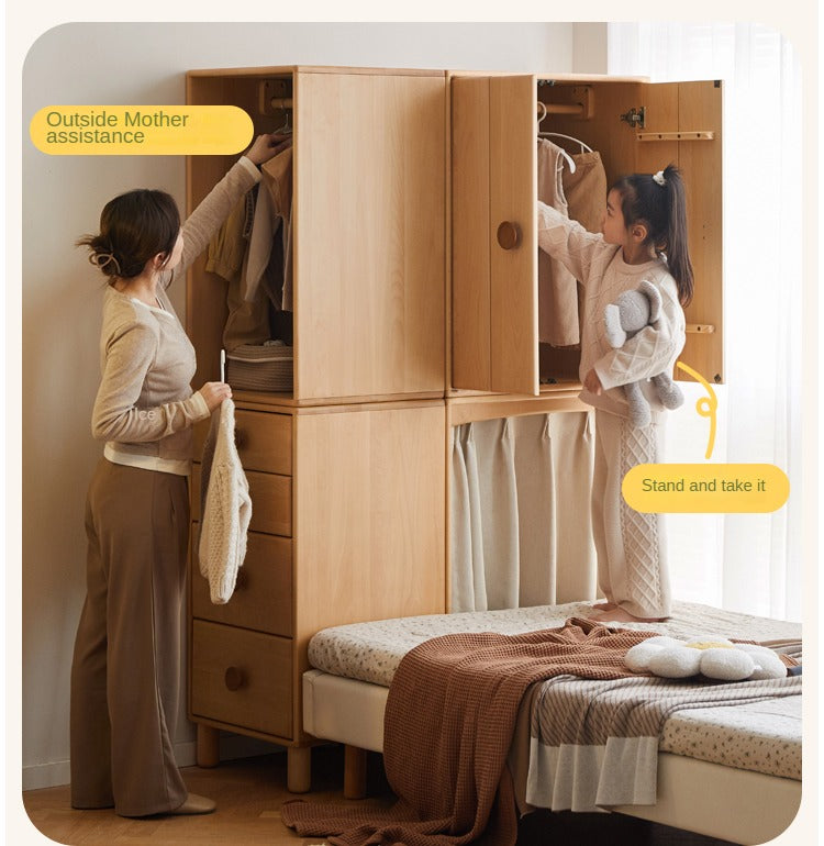 Beech, Rubber Solid Wood Children's Wardrobe,Combination Storage Cabinet