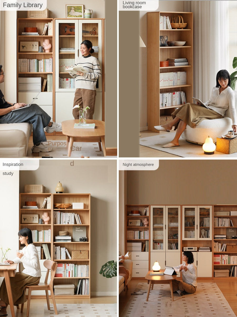 European Beech, Oak Solid Wood Floor-Standing Bookshelf with Glass Door Display