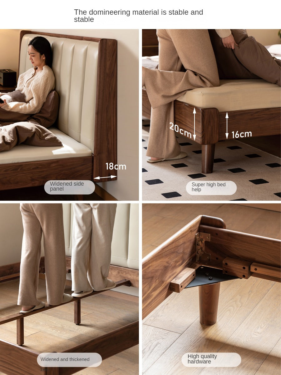 Black Walnut Solid Wood leather Simple High Soft Back Bed