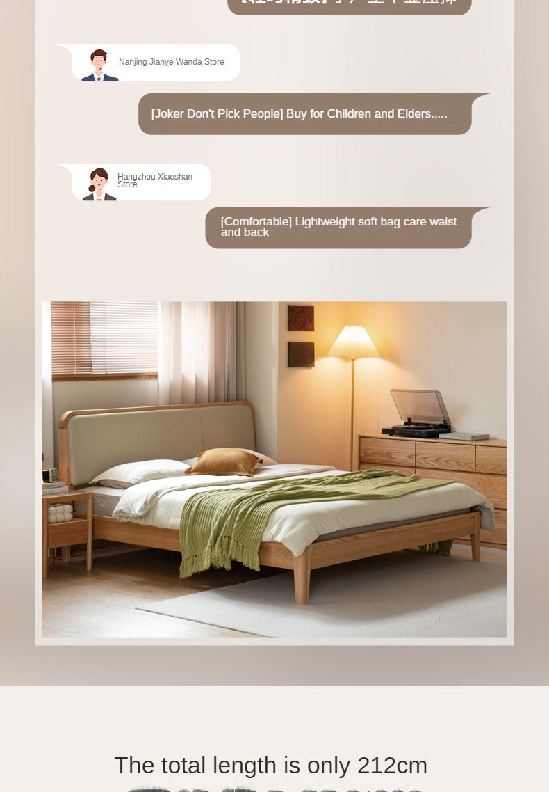 Oak Solid Wood Bed Modern Genuine Leather,Technology Cloth, Fabric