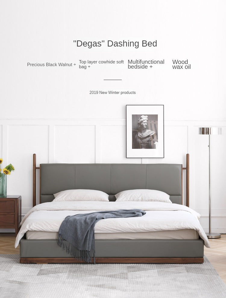 North American Black Walnut Bed Modern Light Luxury Top Layer Cowhide Soft Bed