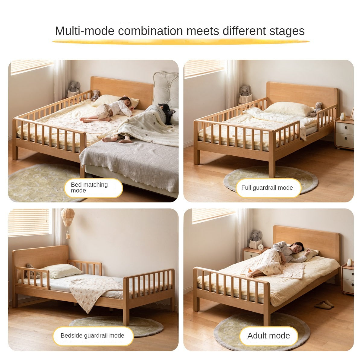 Beech Solid Wood Children's Bed for Boys and Girls Spliced Bed with Guardrail<