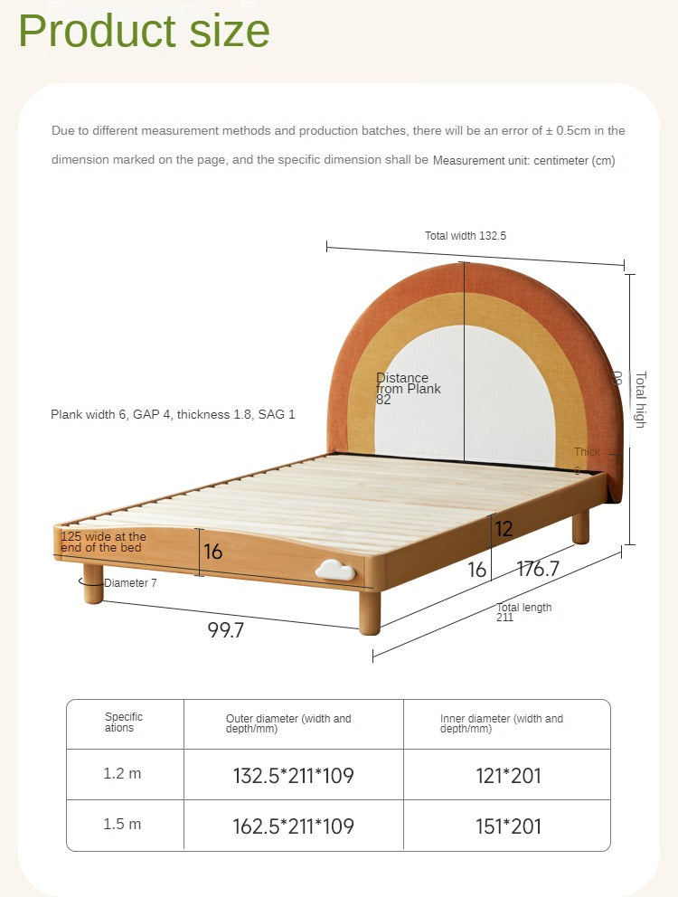 Beech Solid Wood Children's Rainbow Montessori Platform Bed.