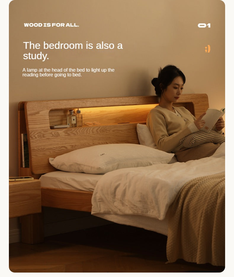Oak, Beech Solid Wood With Light And Bookshelf Bed