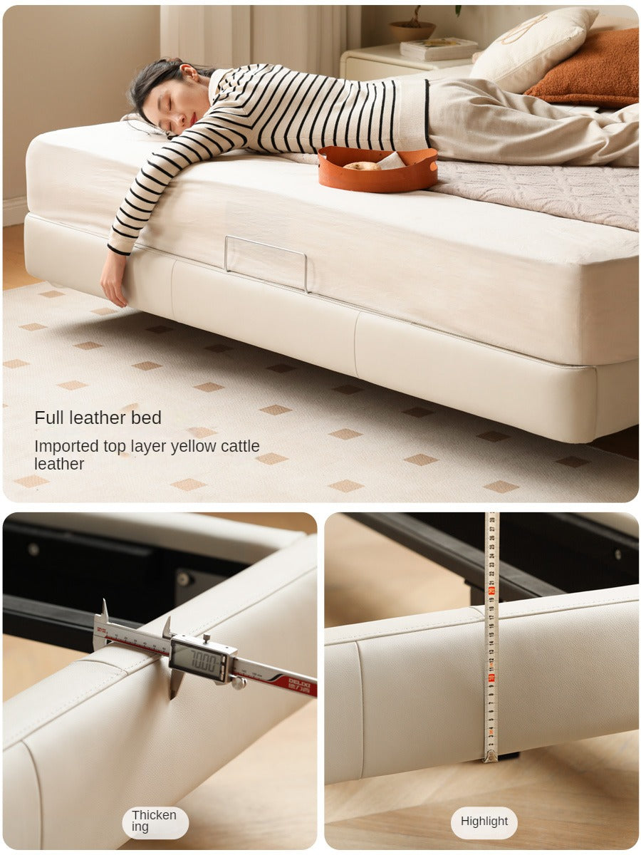 Leather platform bed, headboard-free floating bed cream style