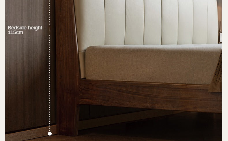 Teak, Black Walnut Solid Wood Bed Leather Soft Bed with Socket