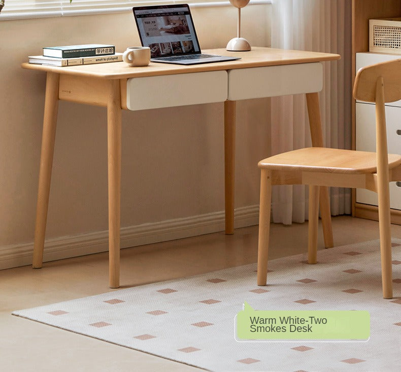 Beech Solid Wood Office Desk with 2 Drawers
