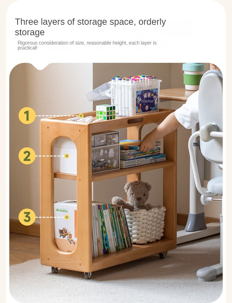 Beech Solid Wood Children's Under-Table Bookshelf with Wheels