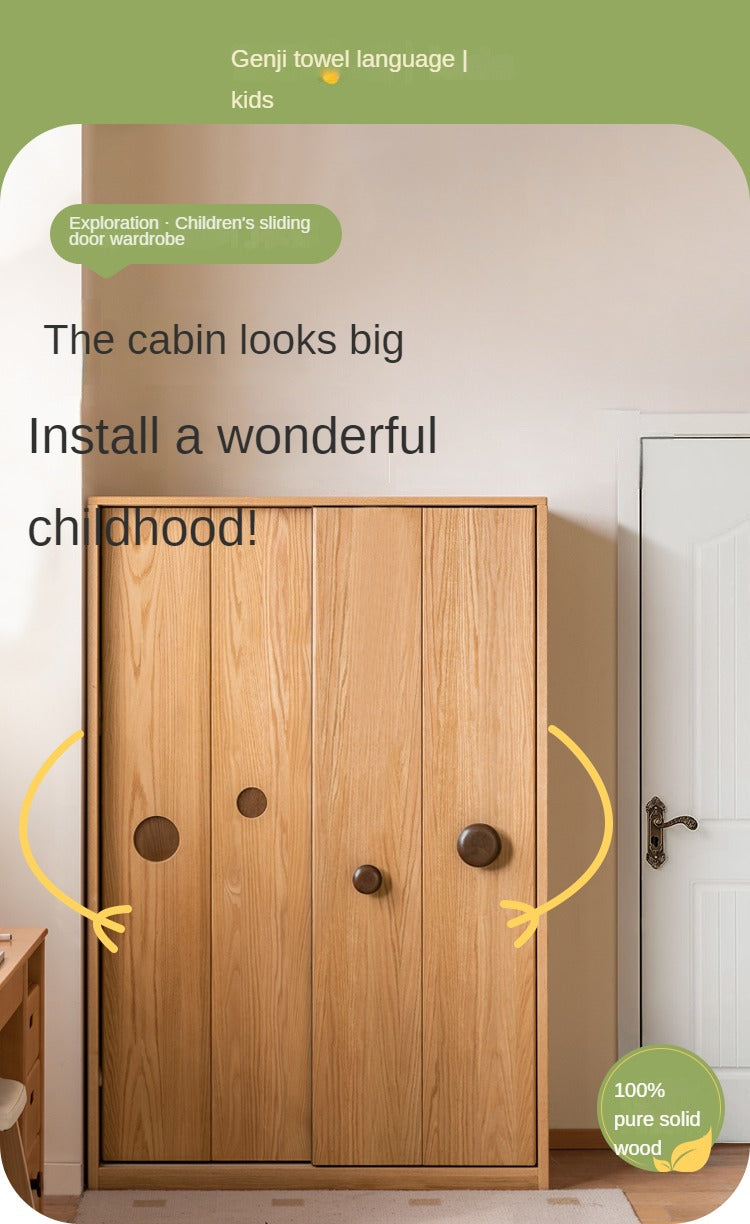 Oak Solid Wood Children's Sliding Door Wardrobe