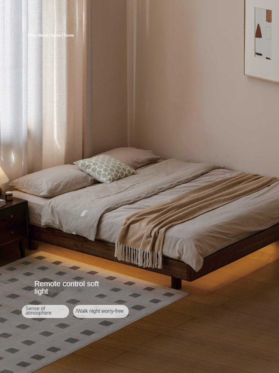 Black walnut solid wood platform bed, headboard-free suspended bed
