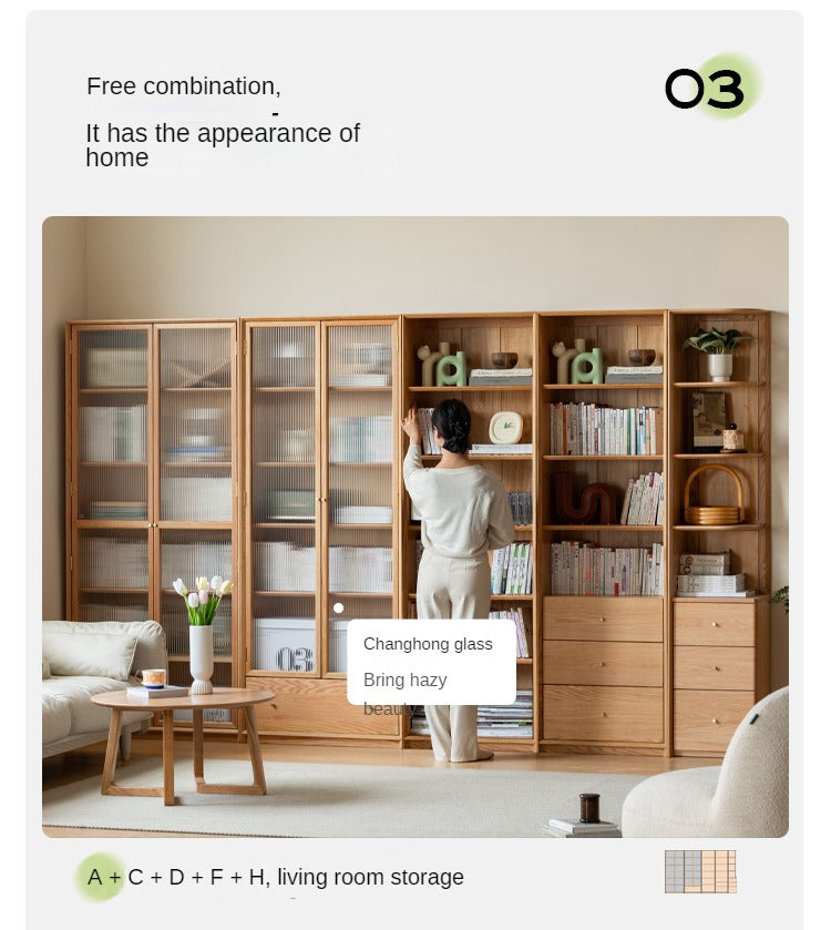 Oak Solid Wood Nordic Style Bookshelf with Floor Storage Cabinet
