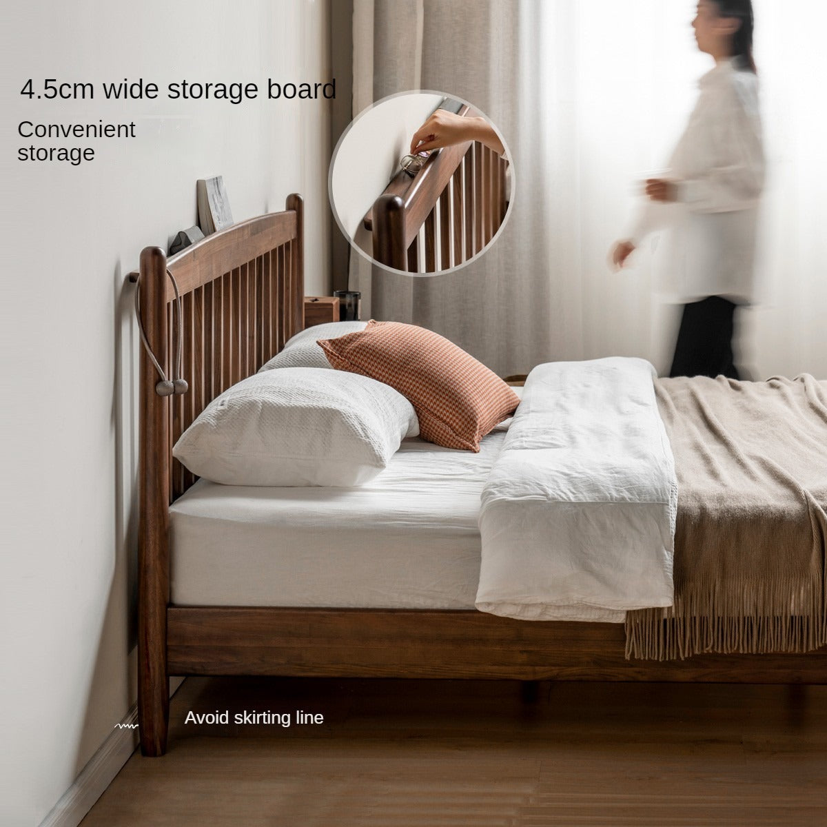 Black Walnut, Poplar Solid Wood Bed in Modern Casual Scandinavian Style