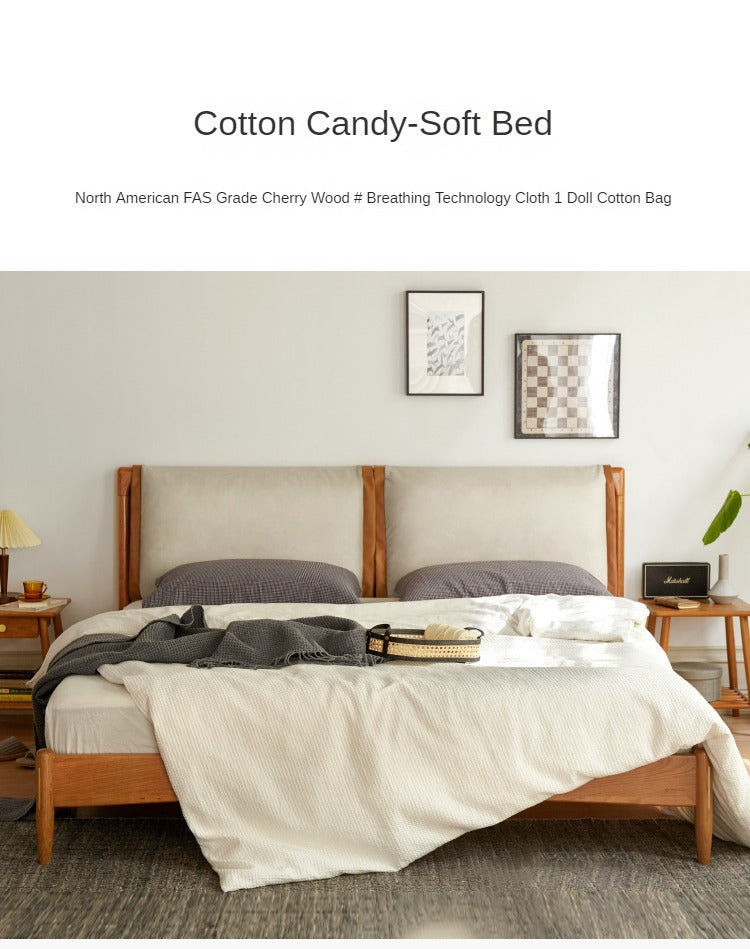 Cherry solid wood technology cloth soft back bed retro style