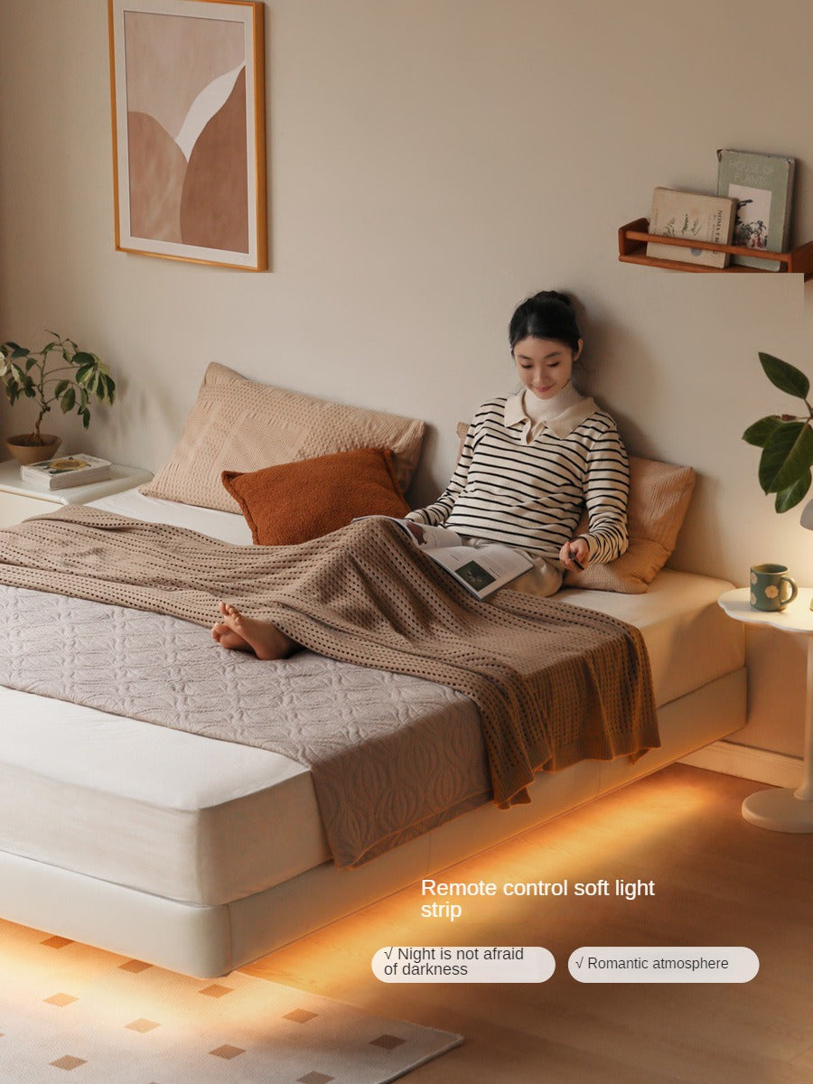 Leather platform bed, headboard-free floating bed cream style