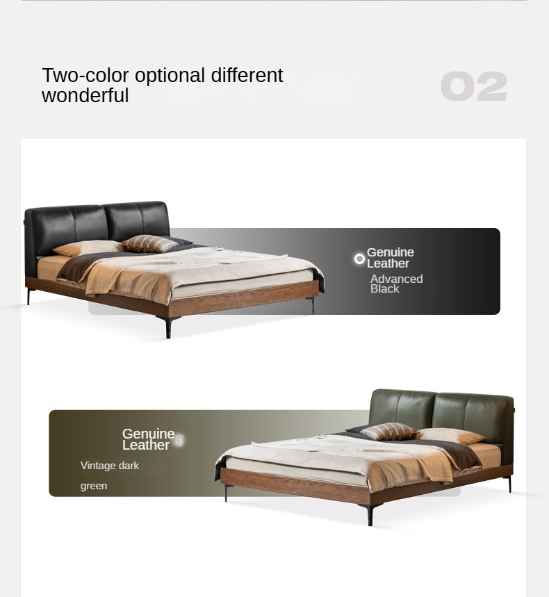 Oak,Black Walnut Solid Wood Soft Genuine Leather Bed Light Luxury
