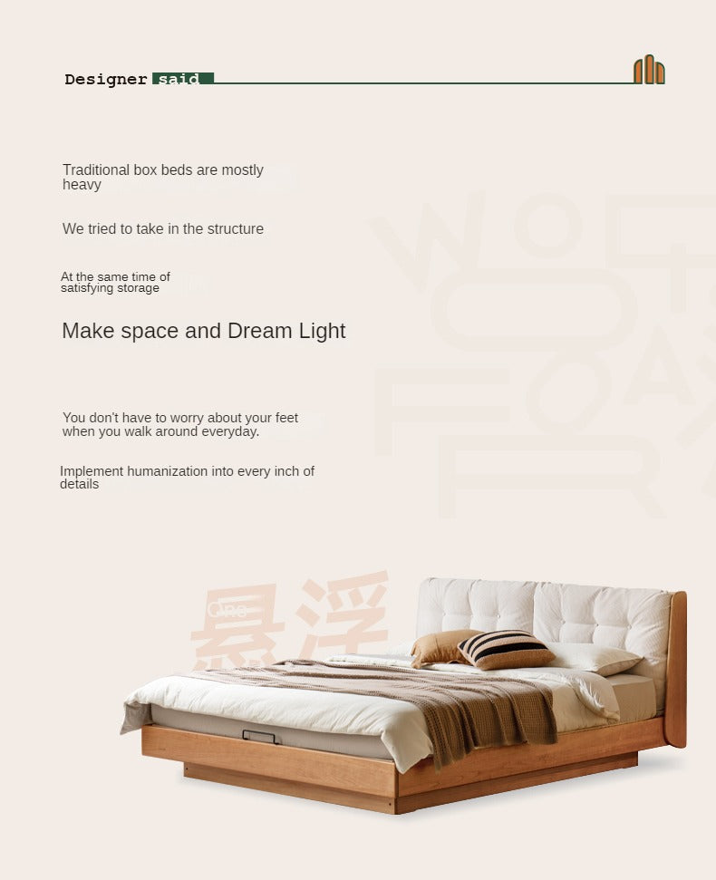 Cherry Solid Wood Box Bed Top Genuine Leather, Corduroy Suspended Bed