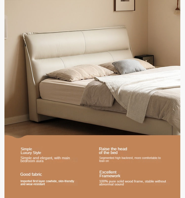 Genuine Leather Bed Cream First Layer Cowhide High Backrest Bed