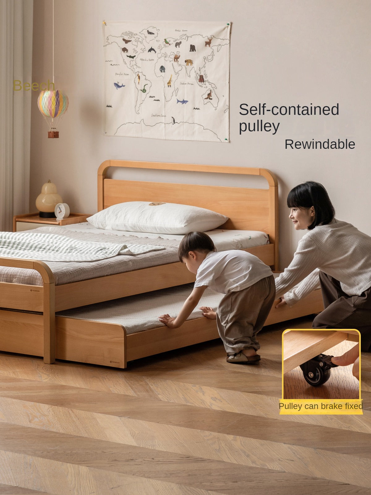 Oak, Beech solid wood floor bed with pulley toddler bed<