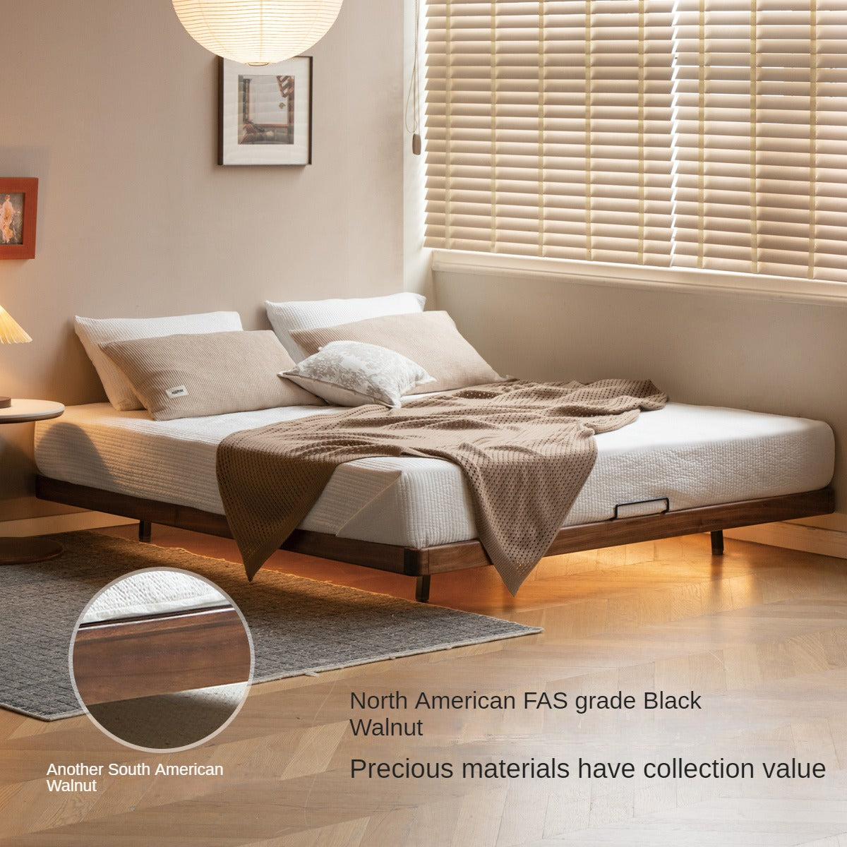 Black Walnut, Oak Solid Wood platform bed, headboard-free Suspended Bed