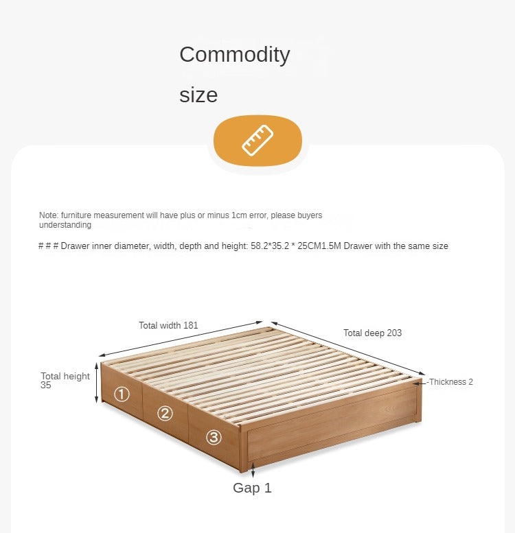 European Beech solid wood platform bed, headboard-free bed with drawer box bed.